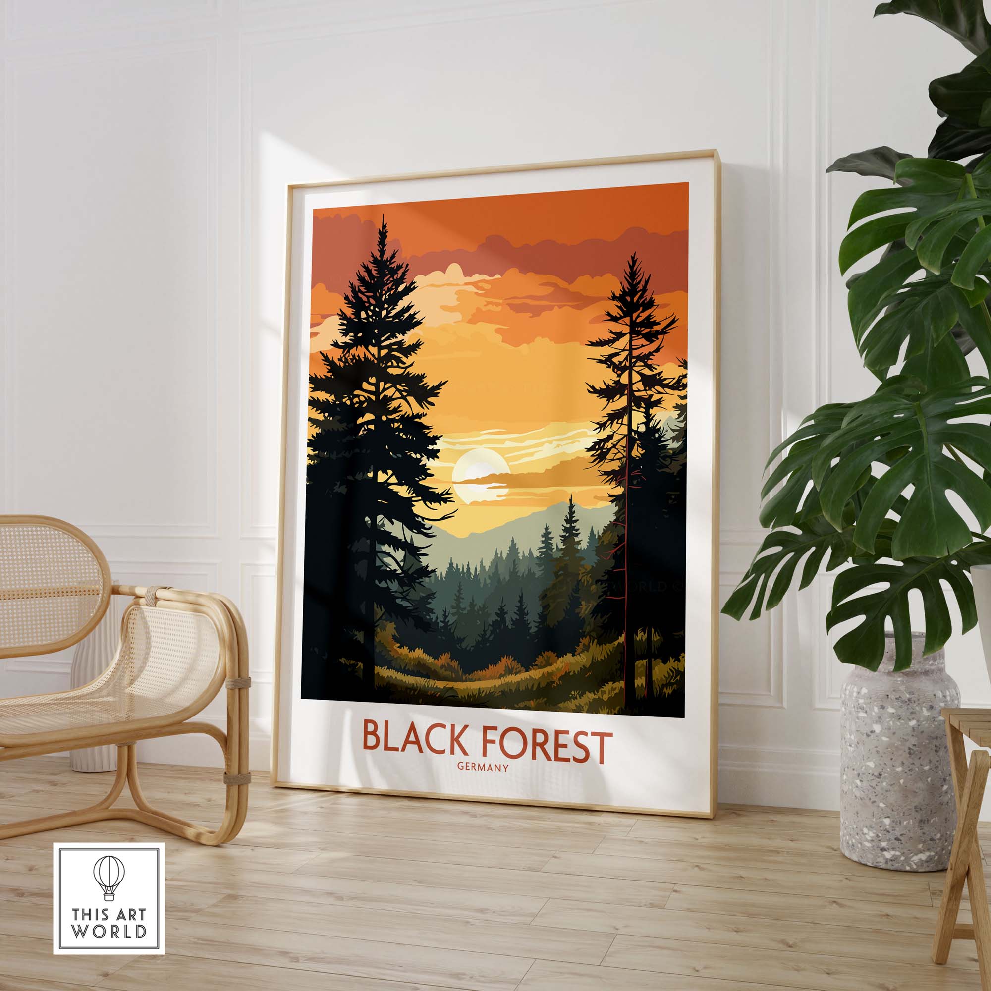 Modern Black Forest art print featuring vibrant trees and sunset, perfect for home decor and travel memories.