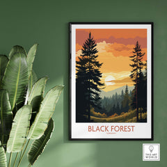 Modern Black Forest art print capturing a vibrant sunset scene, perfect for home decor and travel memories.