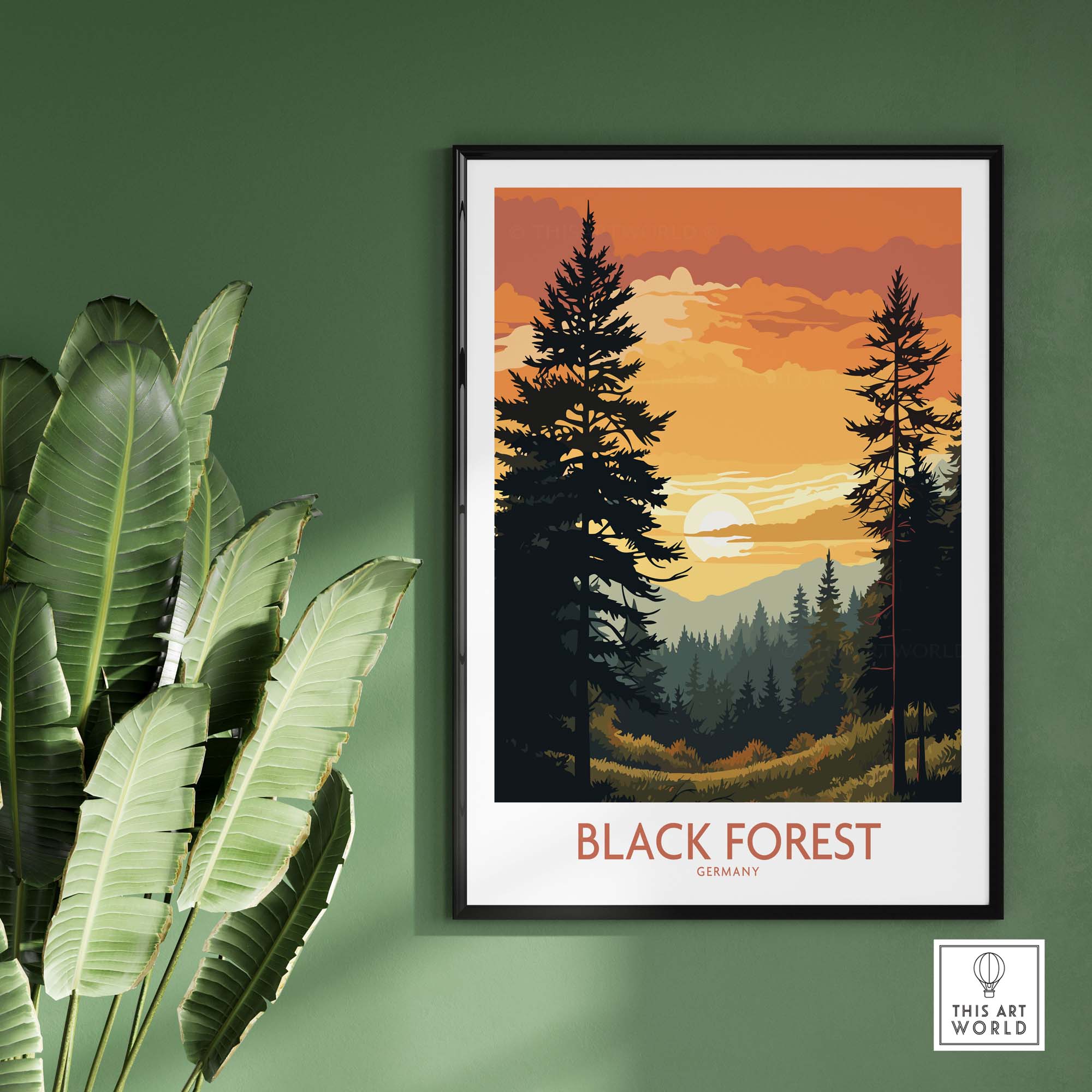 Modern Black Forest art print capturing a vibrant sunset scene, perfect for home decor and travel memories.