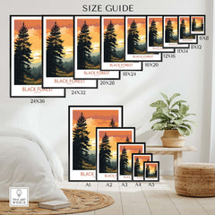 Black Forest art print size guide showcasing various frame sizes for modern wall decor.
