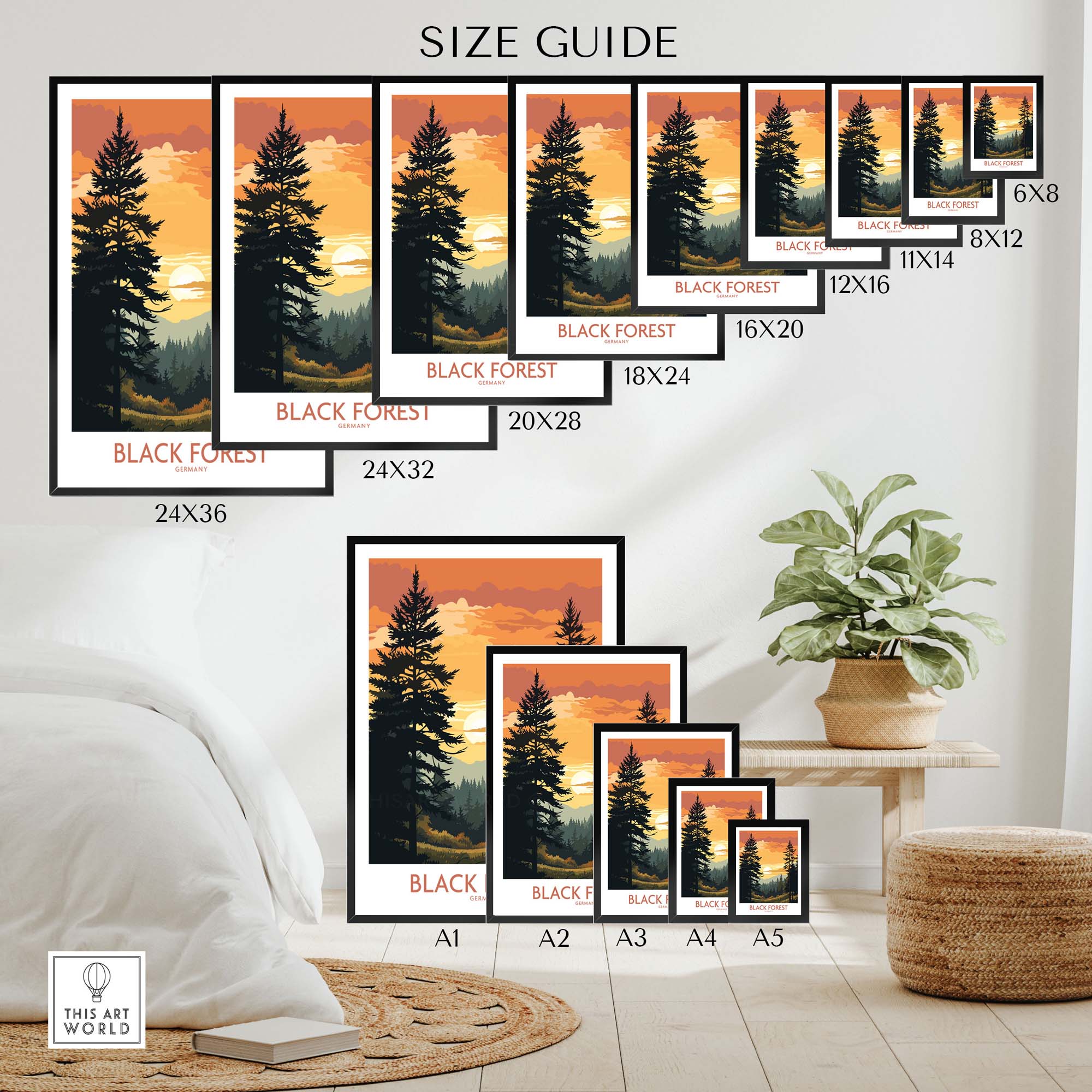 Black Forest art print size guide showcasing various frame sizes for modern wall decor.