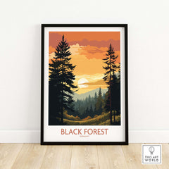 Colorful Black Forest art print featuring pine trees and sunset, a modern wall decor piece showcasing Germany's natural beauty.