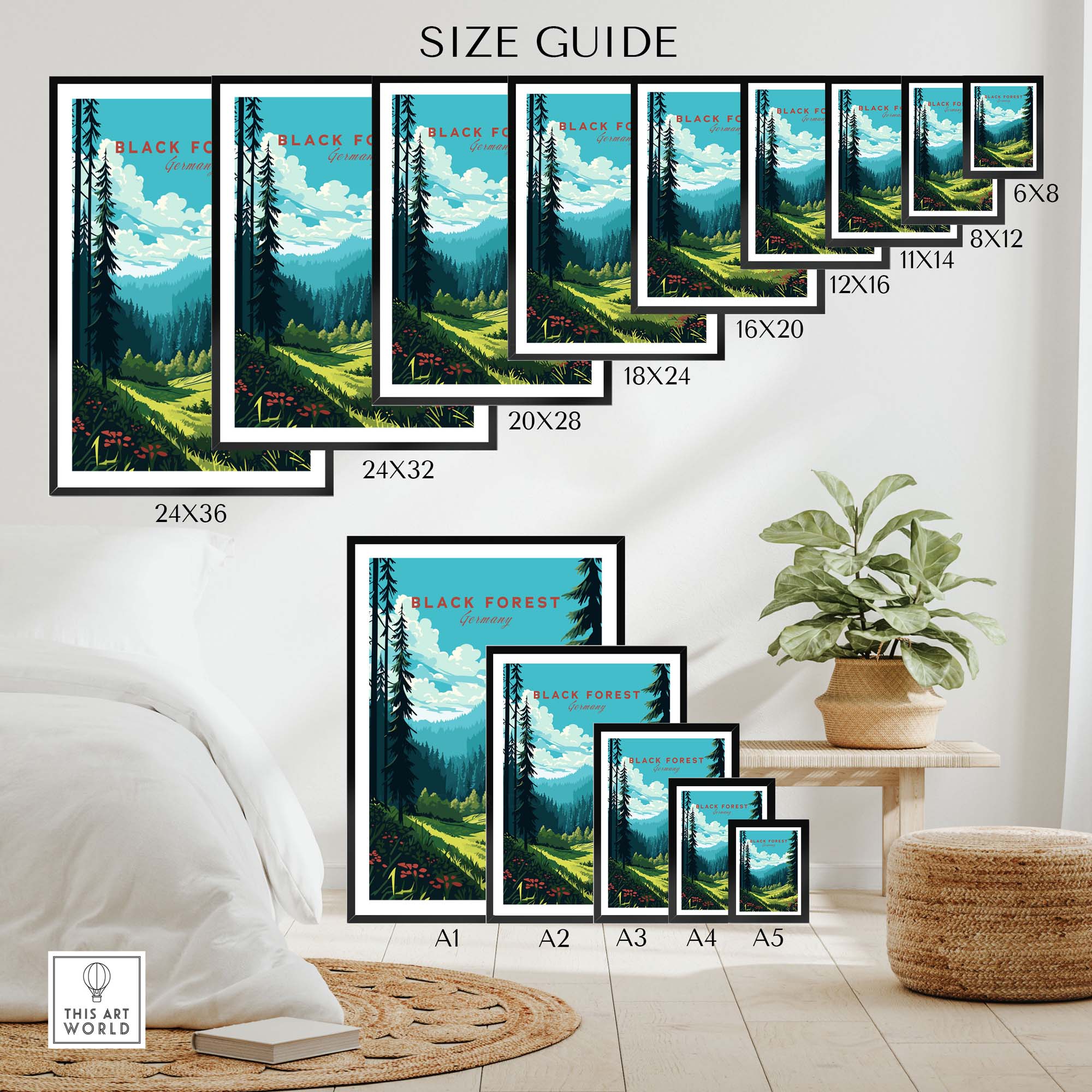 Black Forest Poster Print size guide displayed in various frame dimensions, showcasing Germany's scenic beauty.