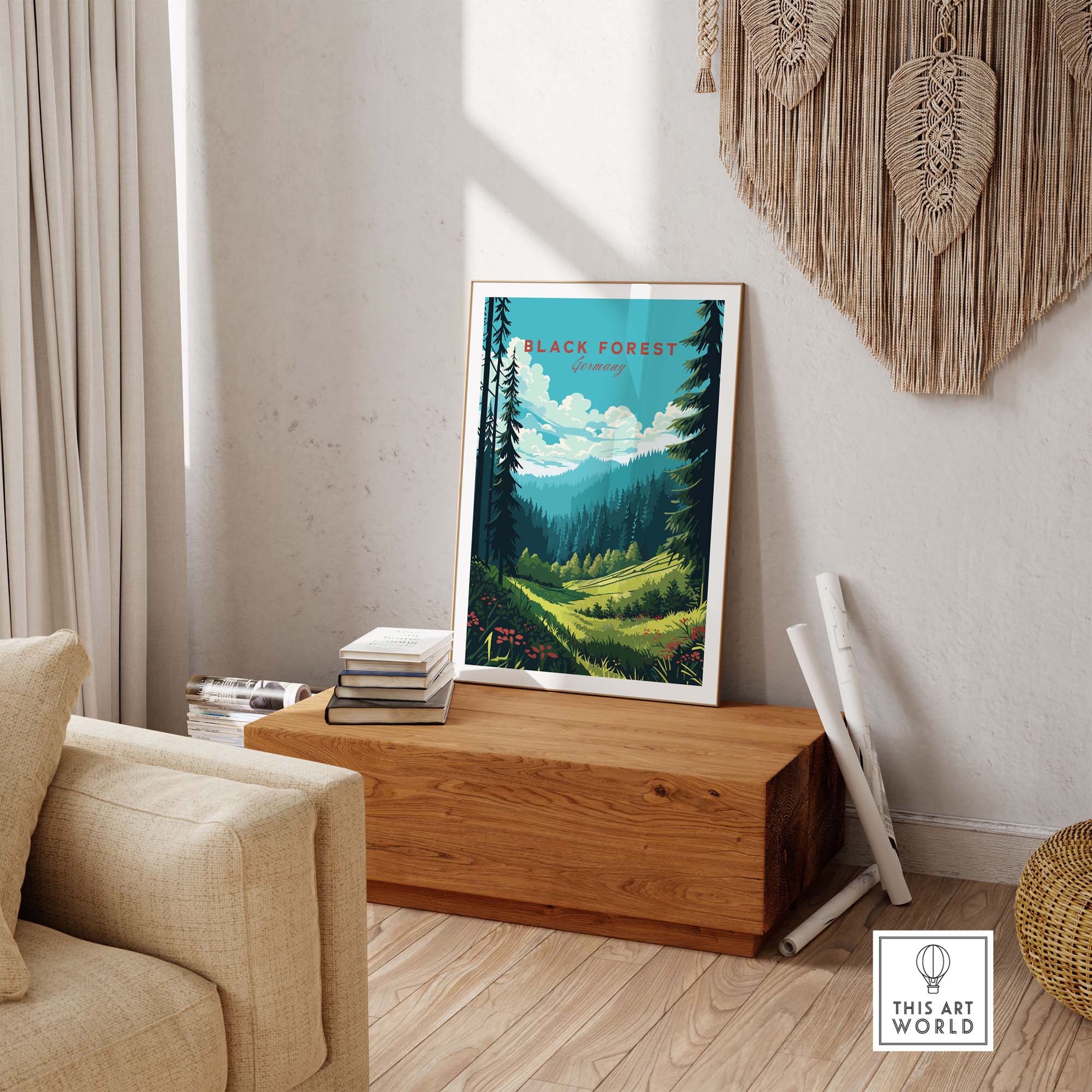 Black Forest Poster Print showcasing scenic beauty and charm of Germany in a stylish interior setting.