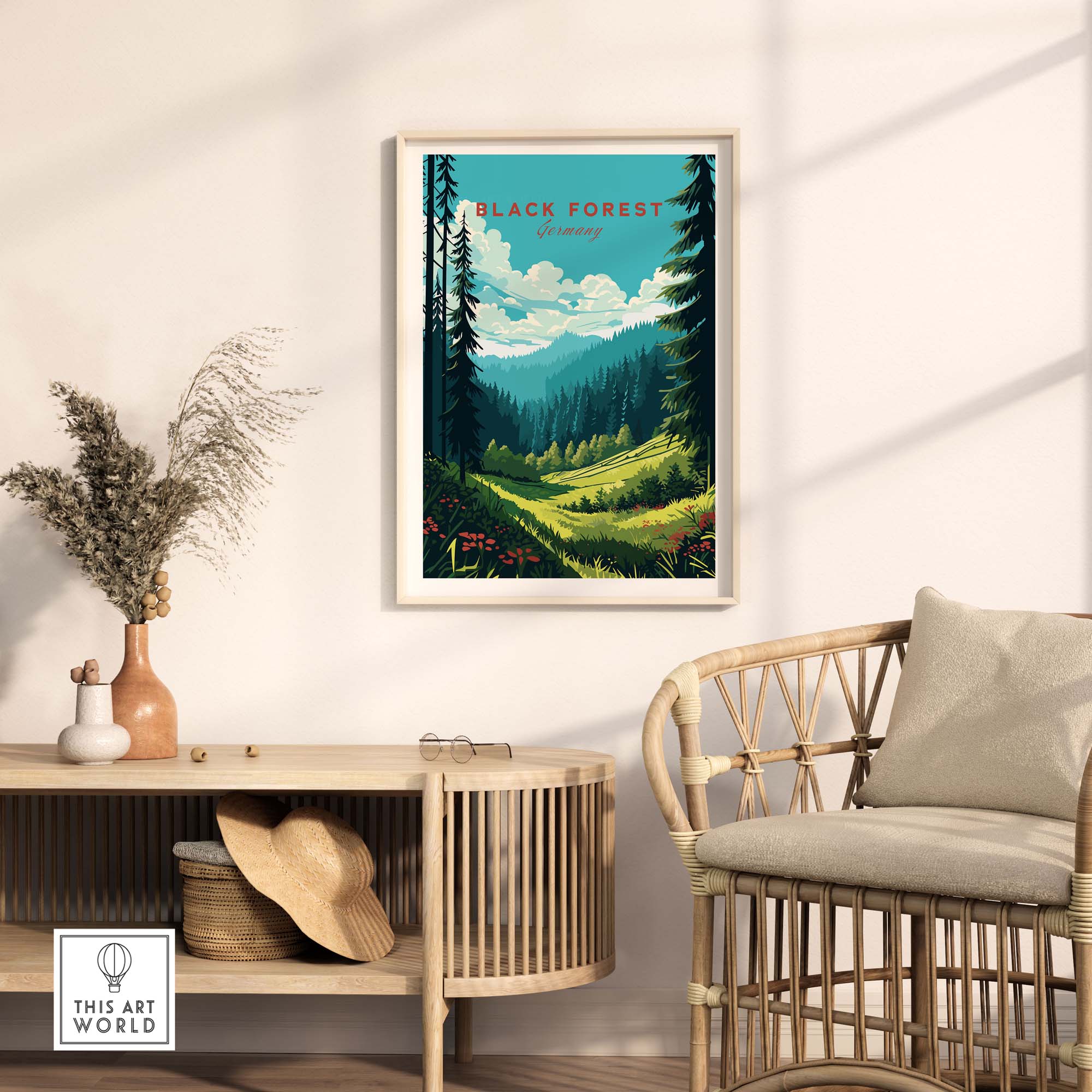 Black Forest Poster Print showcasing Germany's lush landscape, perfect for home decor and travel enthusiasts.