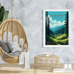 Black Forest Poster Print showcasing a vibrant landscape with mountains, trees, and lush greenery, perfect for Germany decor.