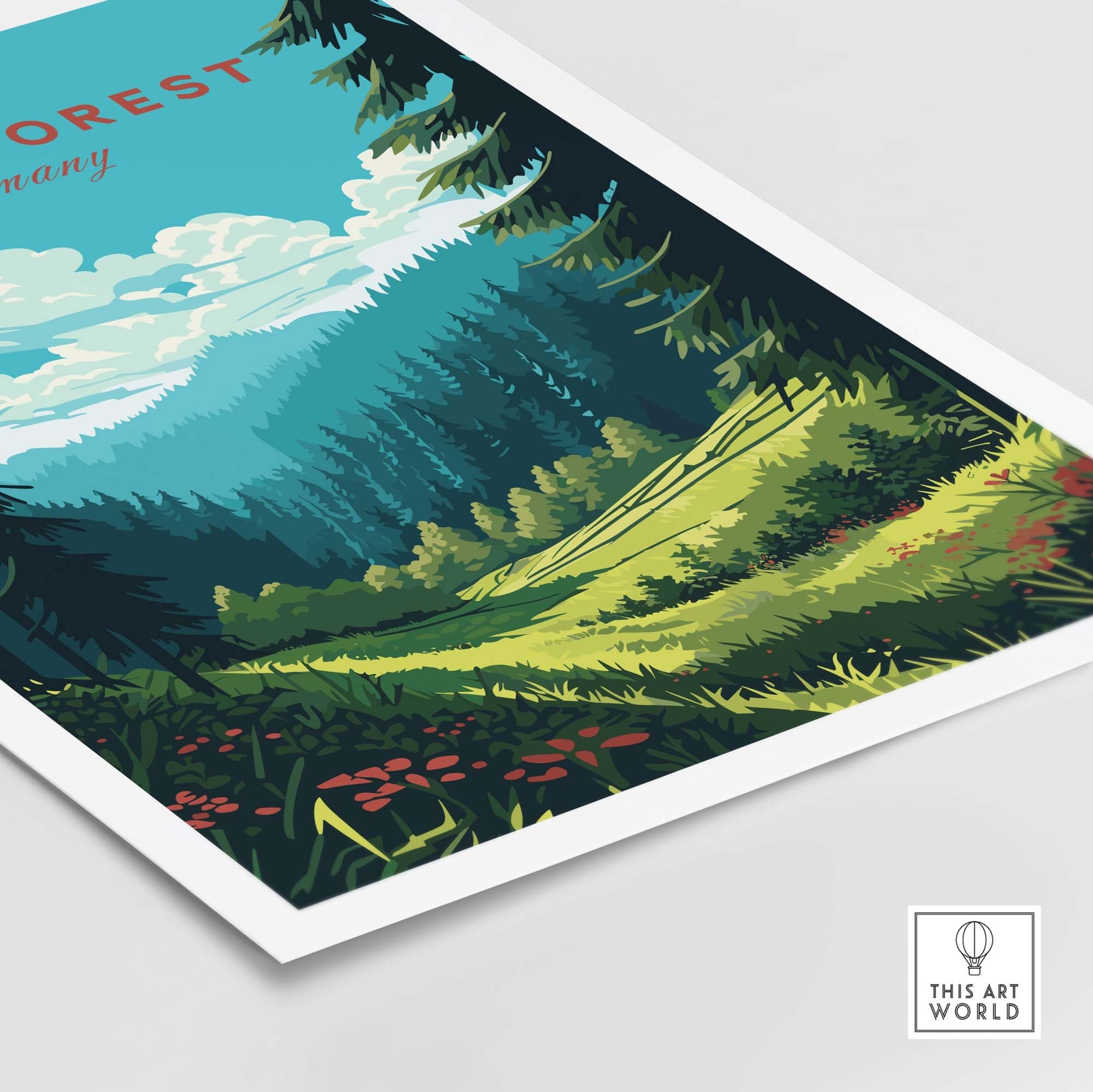 Black Forest Poster Print showcasing lush greenery and mountains, perfect for adding a touch of Germany to your home decor.