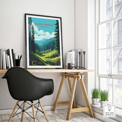 Black Forest poster print showcasing scenic mountains and forests, perfect for adding charm to home decor.