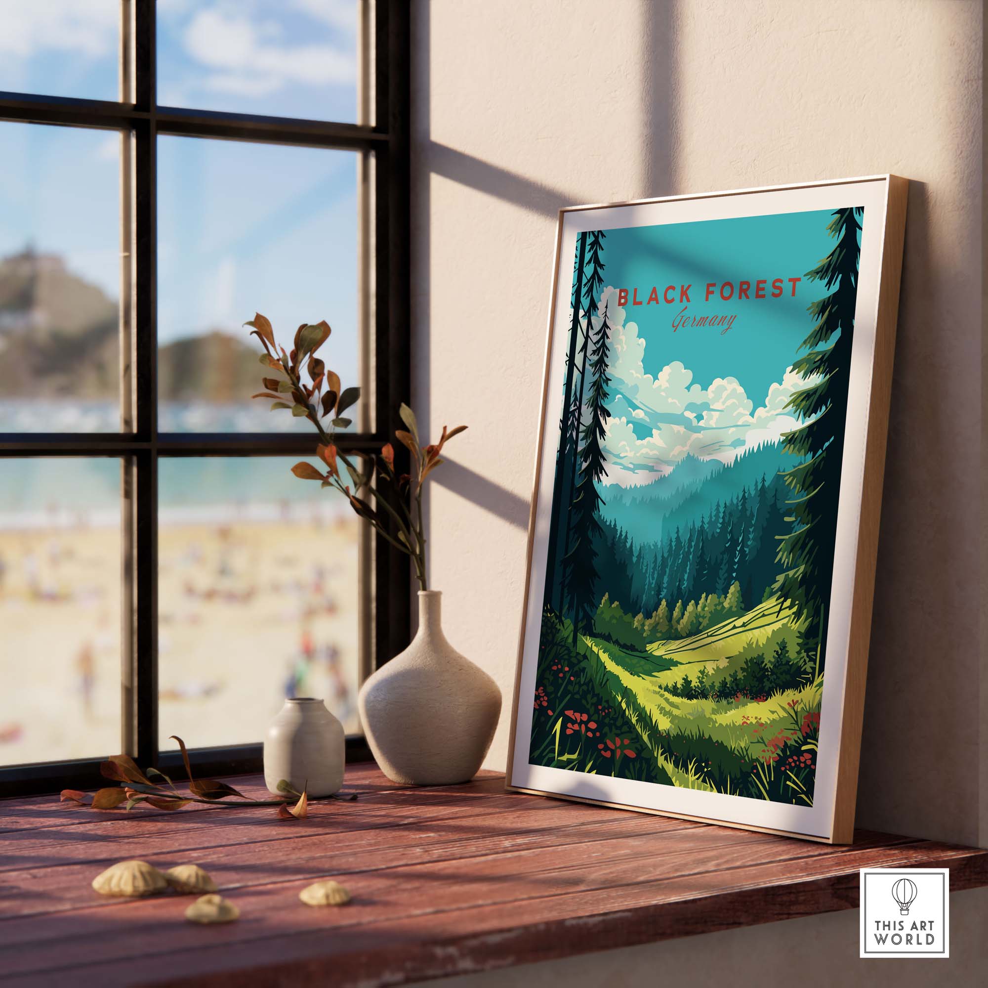 Black Forest Poster Print showcasing scenic beauty of Germany, framed and placed by a window.