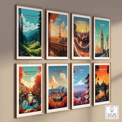 Gallery of vibrant travel posters including Black Forest, Paris, and Barcelona, showcasing iconic landmarks and scenic views.