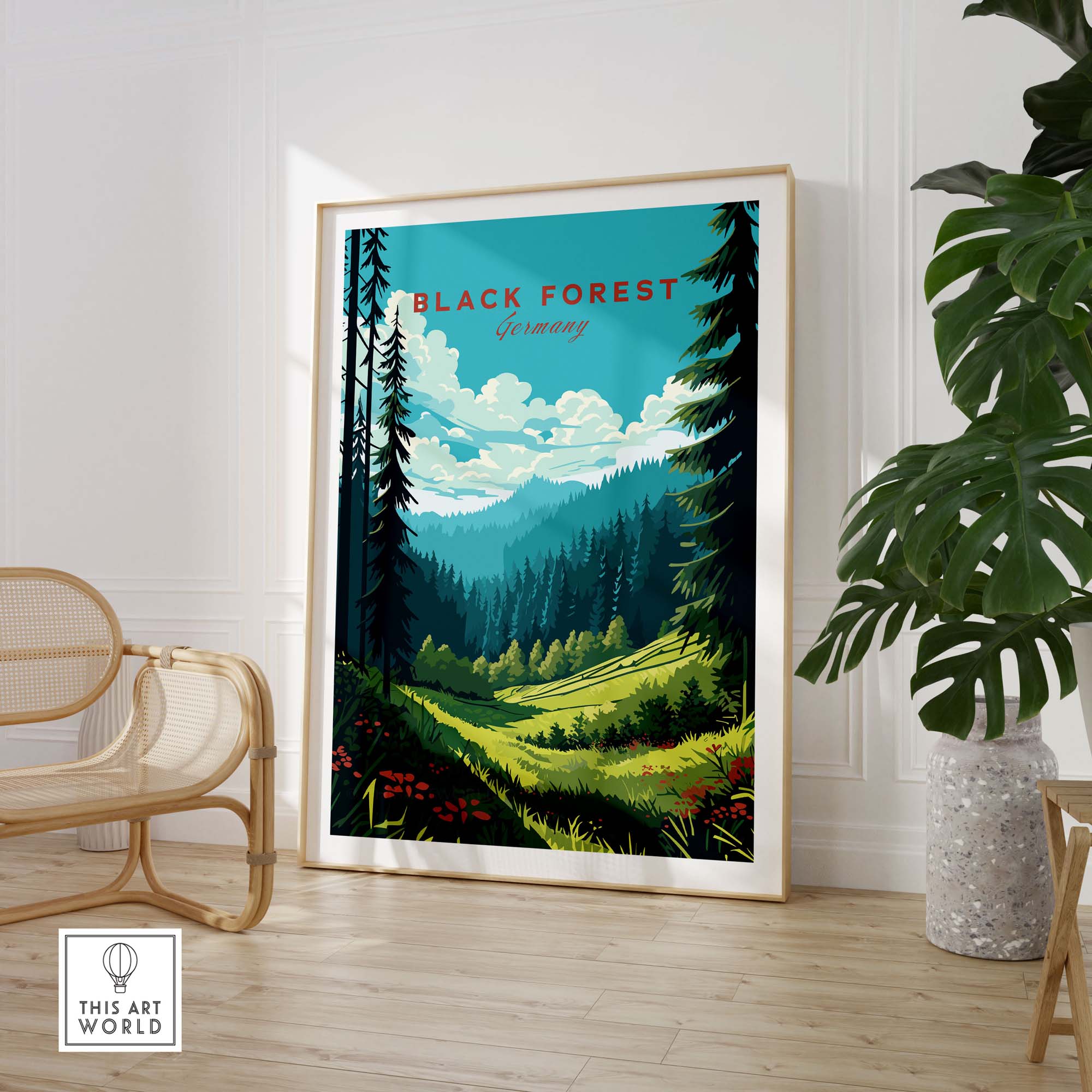 Colorful Black Forest poster print showcasing scenic landscapes of Germany, perfect for home decor.