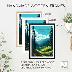 Handmade wooden frames in natural, white, and black colors for Black Forest poster print, ready to hang.