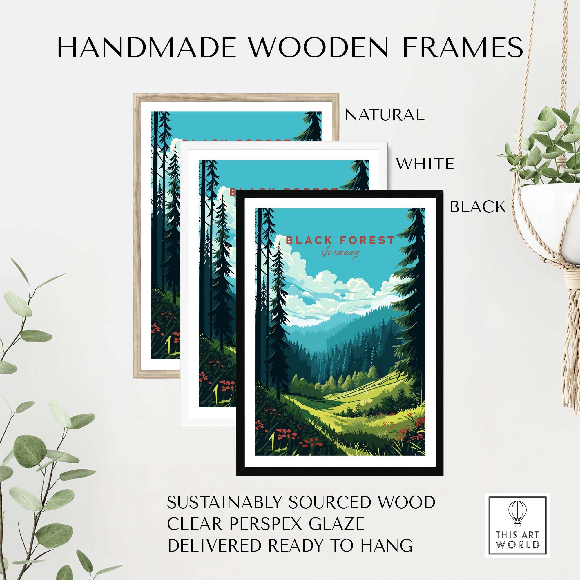Handmade wooden frames in natural, white, and black colors for Black Forest poster print, ready to hang.