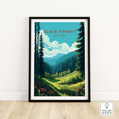 Black Forest Poster Print showcasing lush greenery and mountains, a perfect wall decor for German travel enthusiasts.