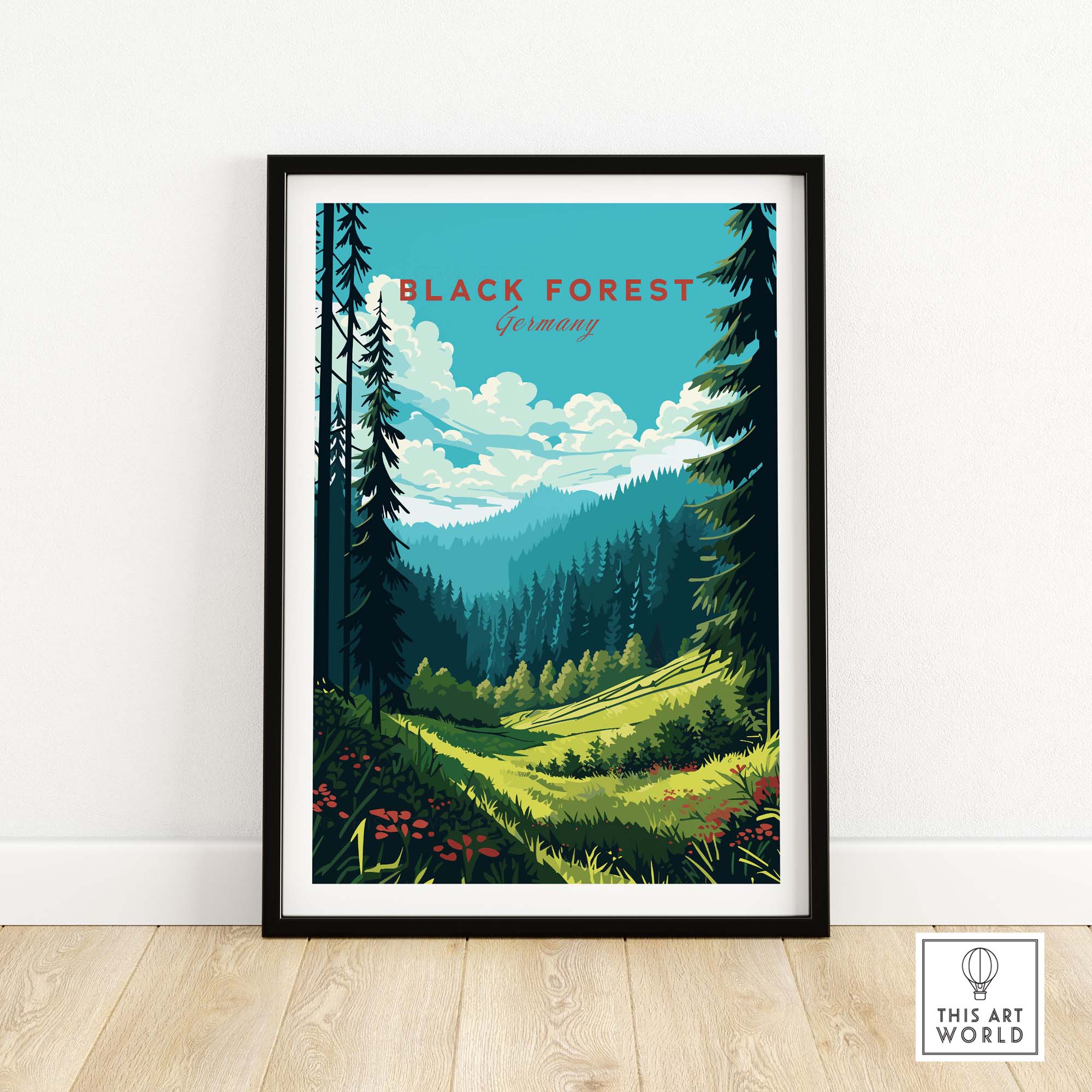 Black Forest Poster Print showcasing lush greenery and mountains, a perfect wall decor for German travel enthusiasts.