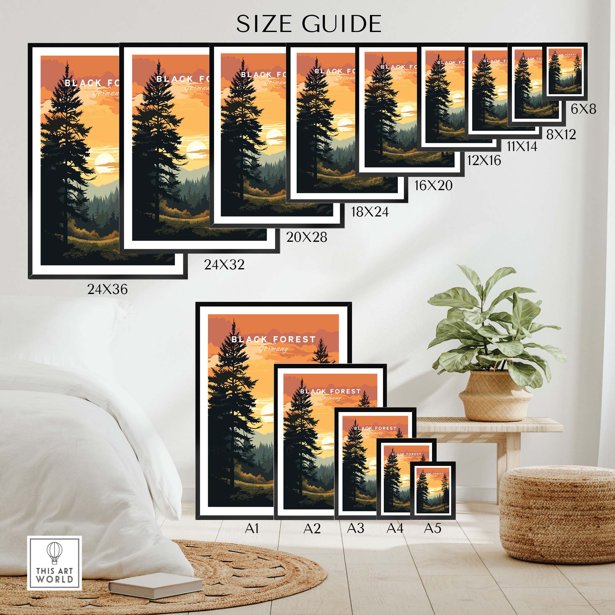 Size guide for Black Forest sunset prints, showcasing various sizes and display options in a stylish interior.