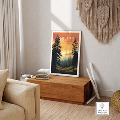 Stunning Black Forest sunset print, perfect for travelers and nature lovers, beautifully displayed in a cozy home setting.
