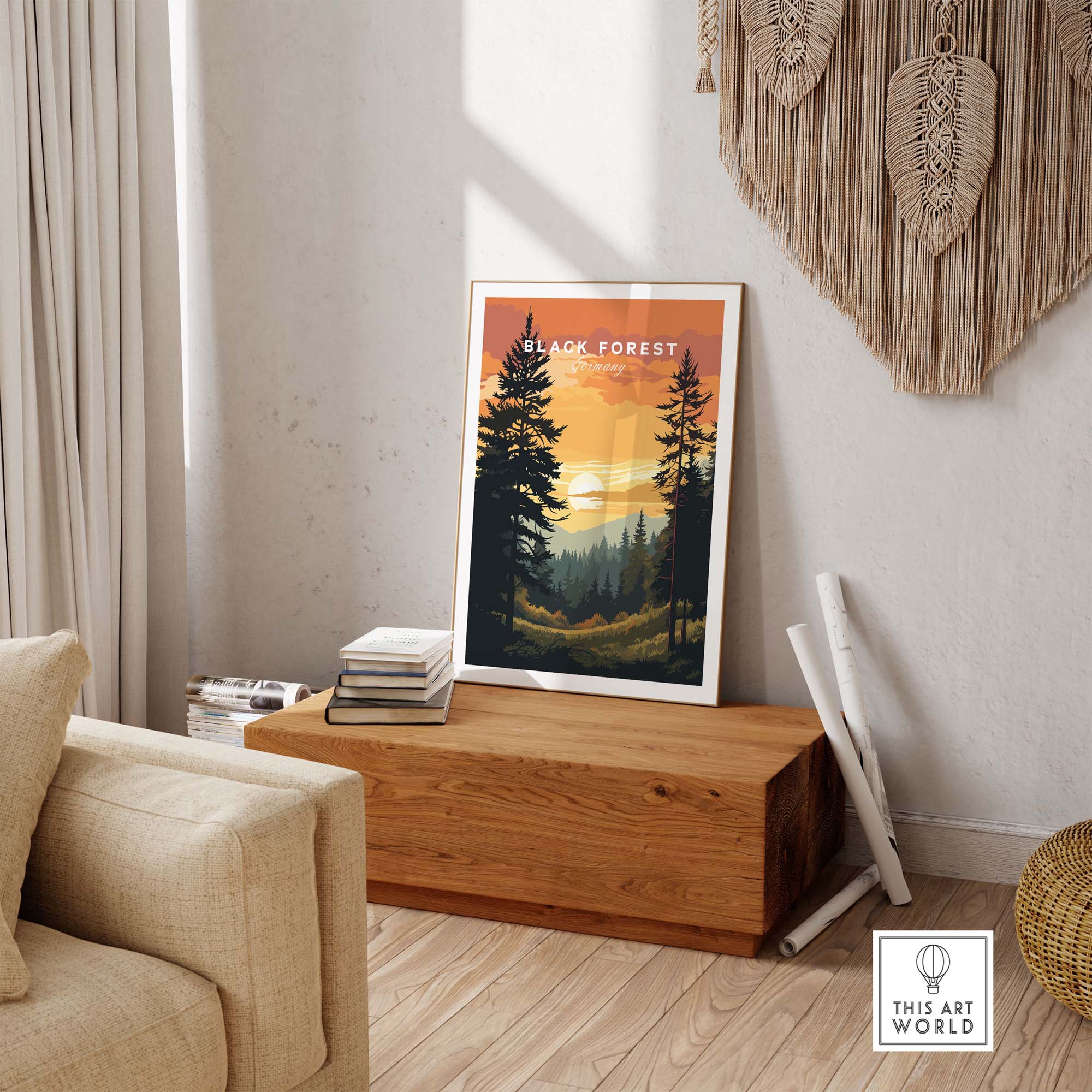 Stunning Black Forest sunset print, perfect for travelers and nature lovers, beautifully displayed in a cozy home setting.
