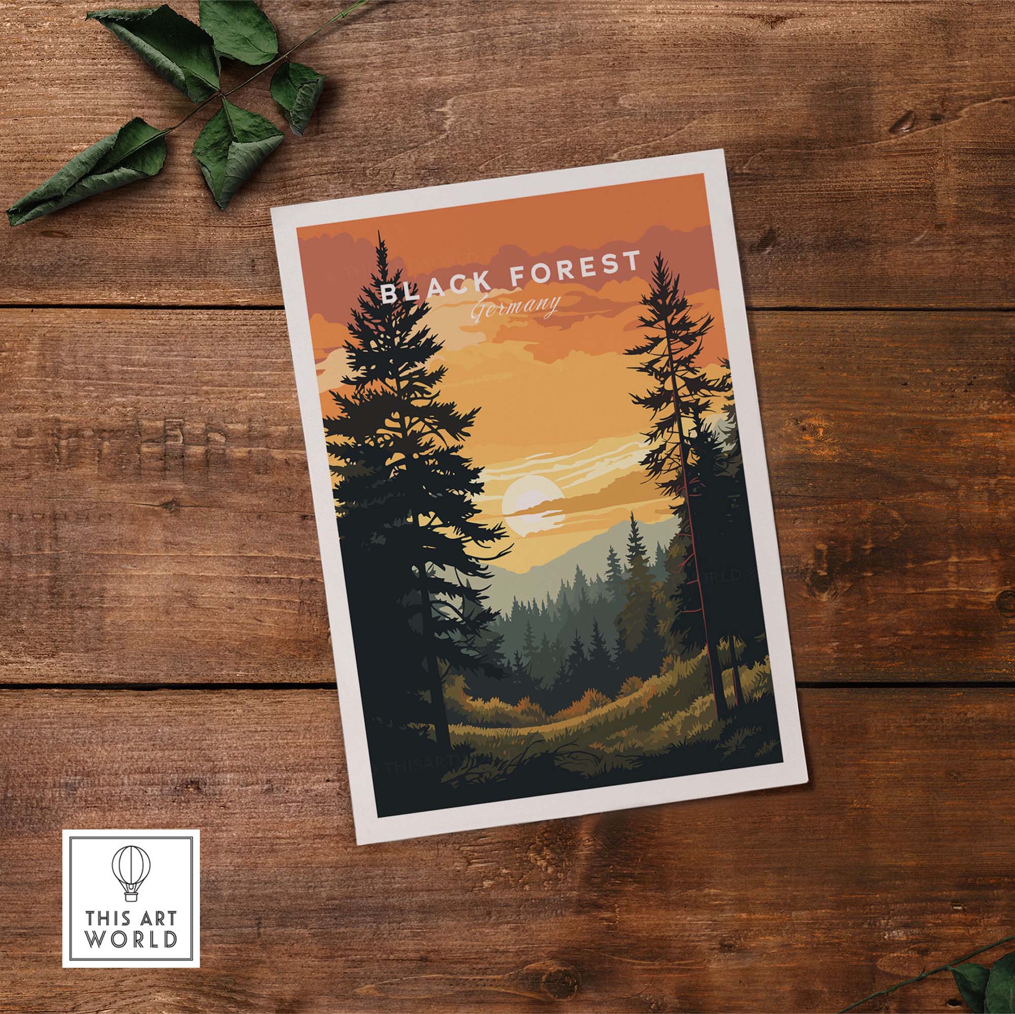 Black Forest print featuring a sunset over trees, perfect for travel decor and nature enthusiasts.