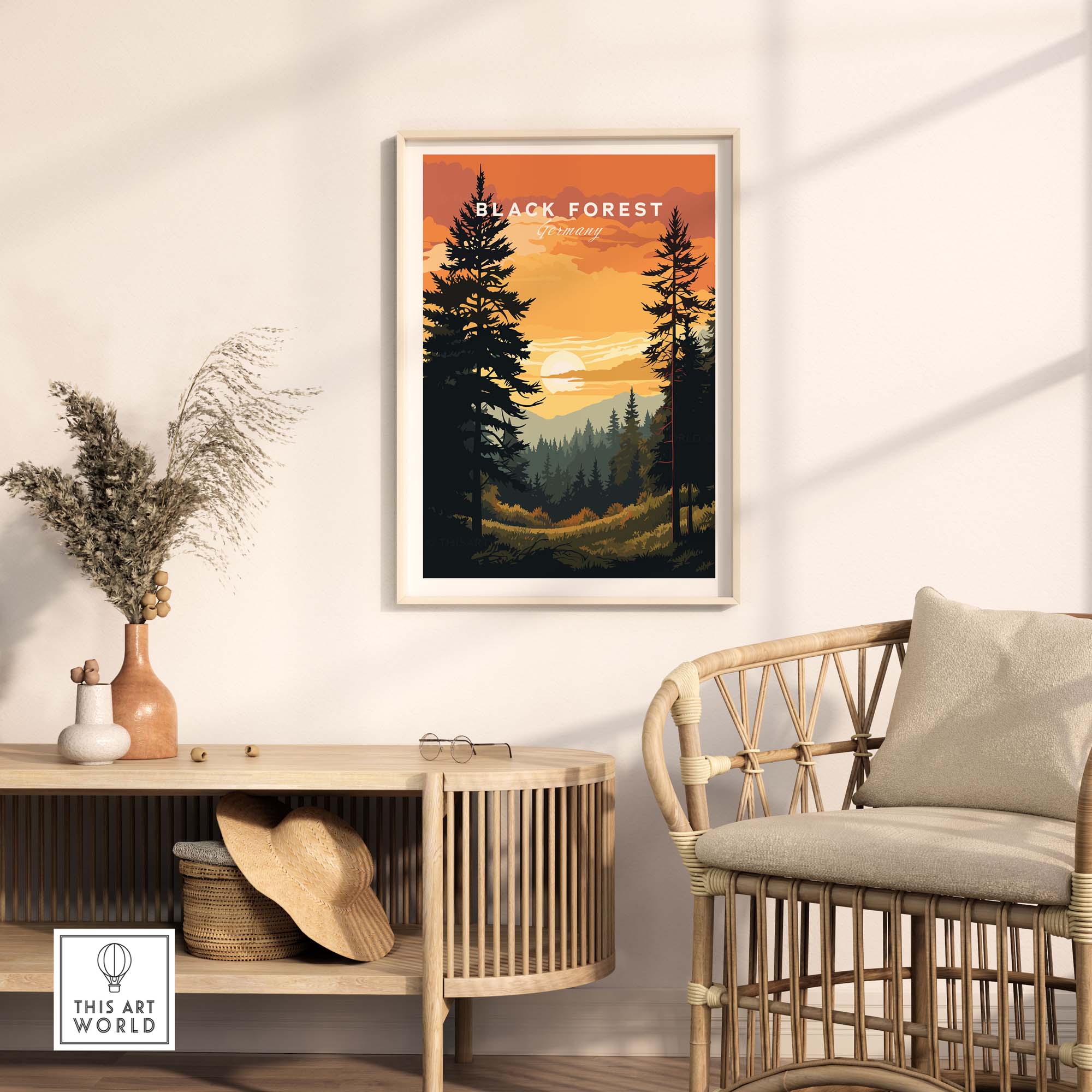 Black Forest Print at Sunset showcasing sunset over German mountains, perfect for travel enthusiasts.