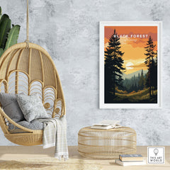 Black Forest print at sunset displayed in a cozy living room, showcasing German mountains and natural beauty.