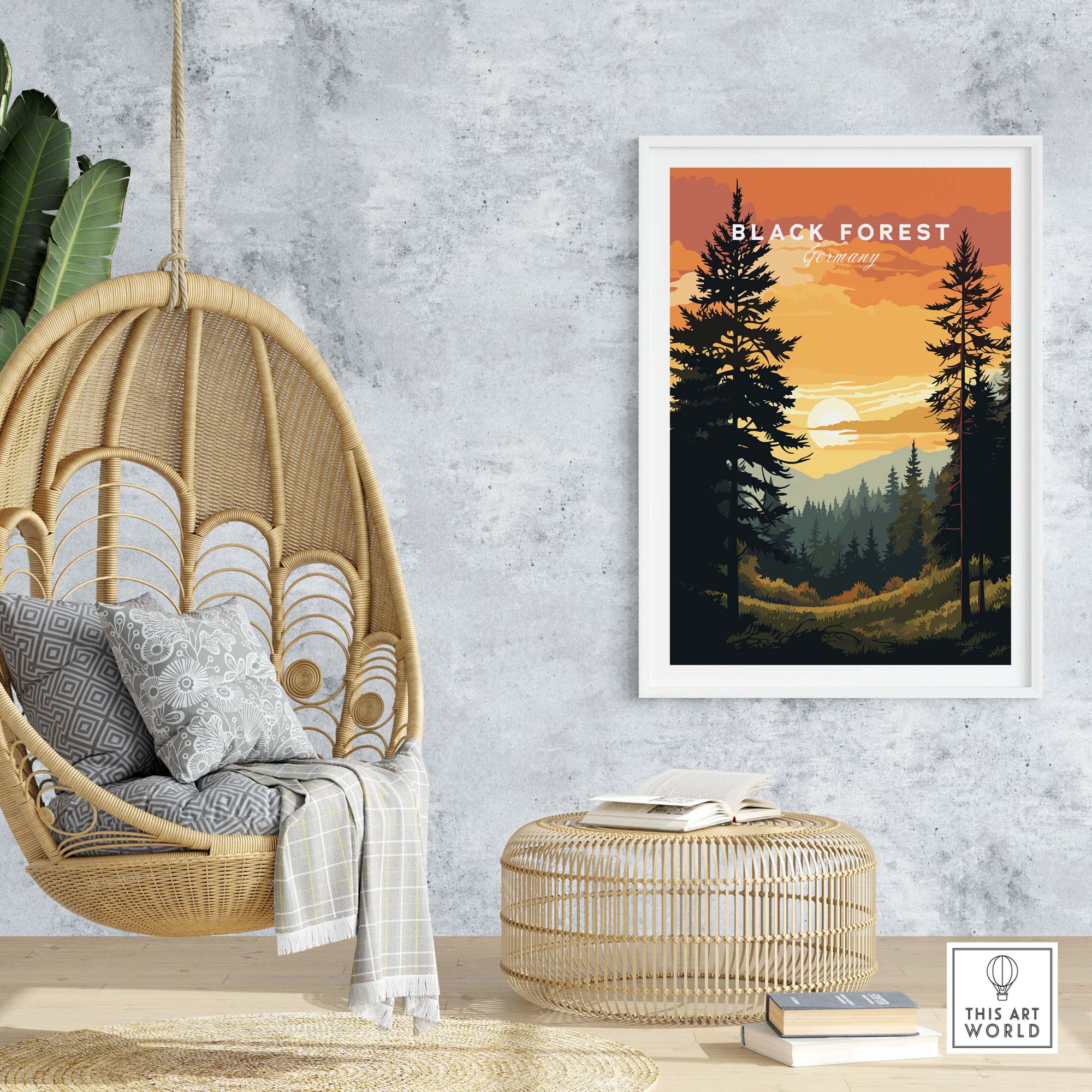 Black Forest print at sunset displayed in a cozy living room, showcasing German mountains and natural beauty.