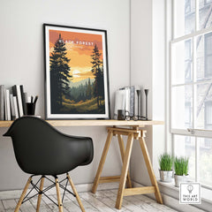 Black Forest sunset print showcased in a modern home office, highlighting German landscape artistry.
