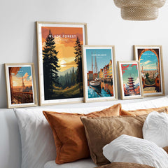 Black Forest sunset print alongside European travel posters, perfect for home decor and gifts.
