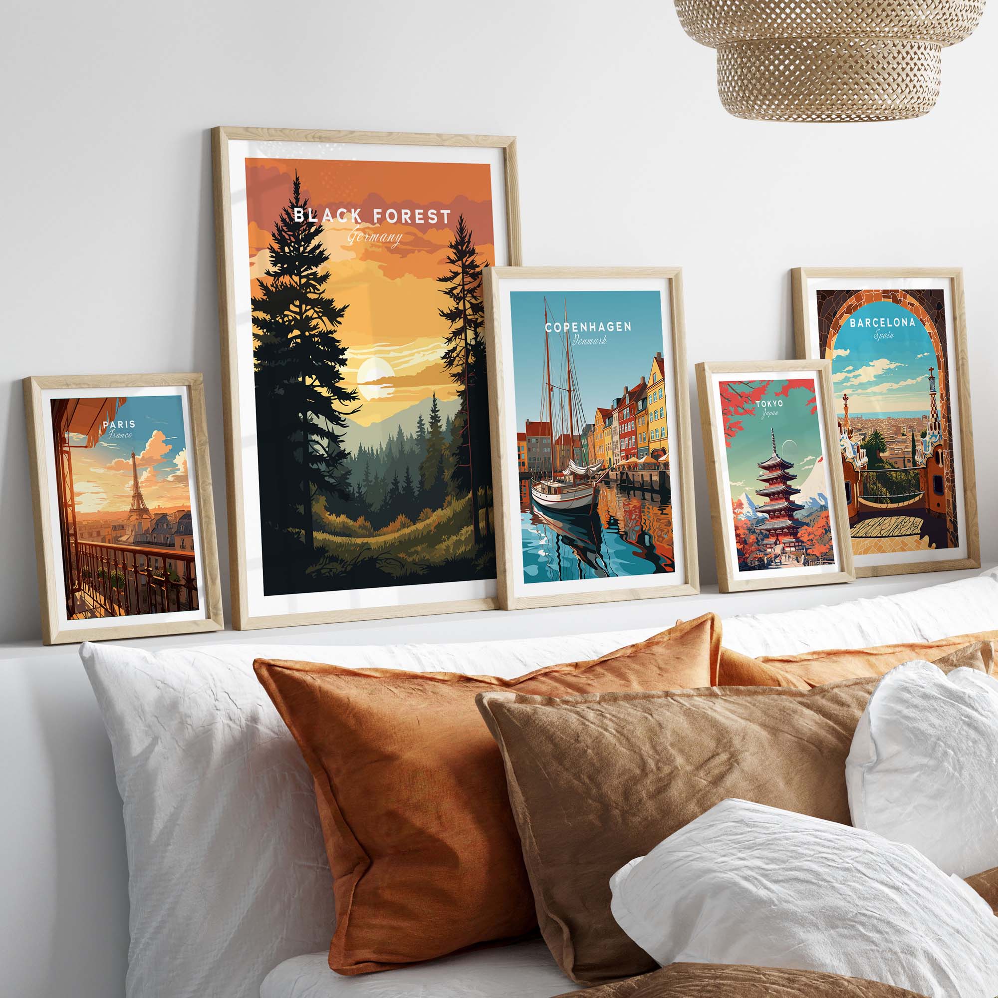 Black Forest sunset print alongside European travel posters, perfect for home decor and gifts.