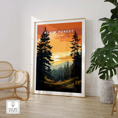 Black Forest Print at sunset over German mountains, showcasing vibrant colors and silhouettes of trees, perfect for travelers.