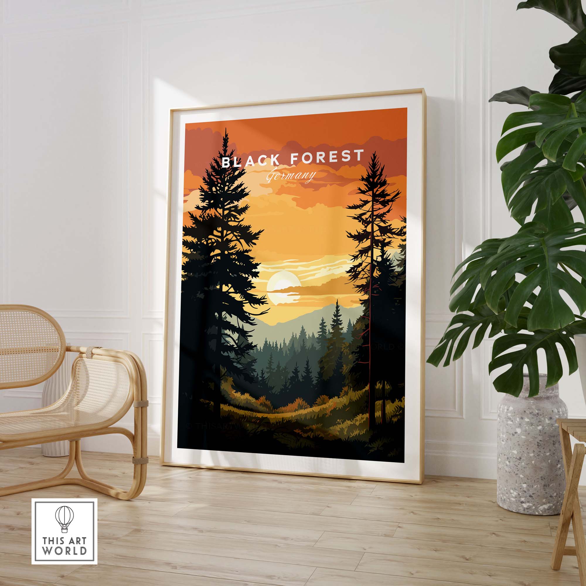 Black Forest Print at sunset over German mountains, showcasing vibrant colors and silhouettes of trees, perfect for travelers.