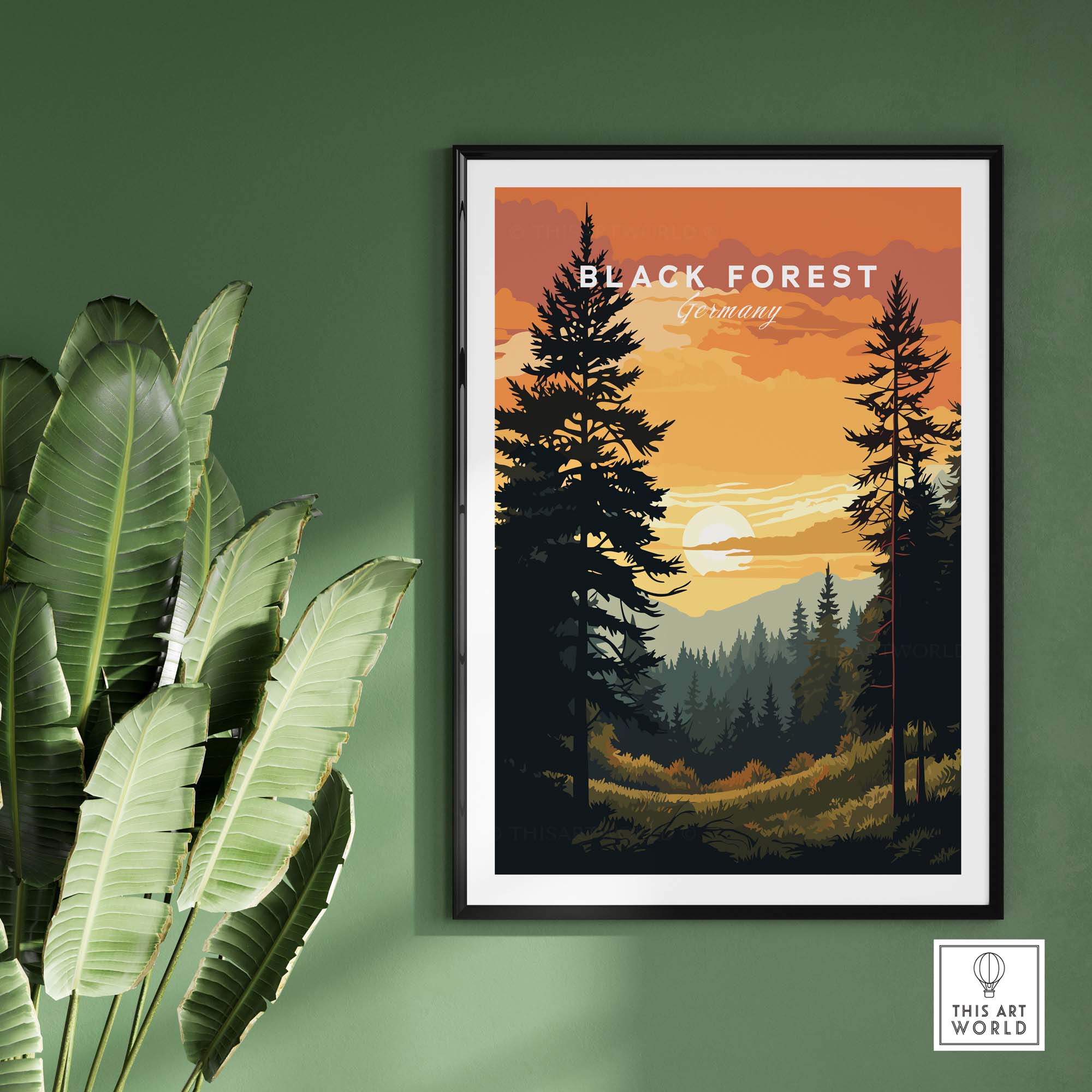 Black Forest sunset print featuring trees and mountains, perfect for home decor and Germany travel enthusiasts.