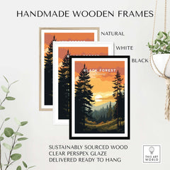 Handmade wooden frames in natural, white, and black for Black Forest sunset print, sustainably sourced and ready to hang.