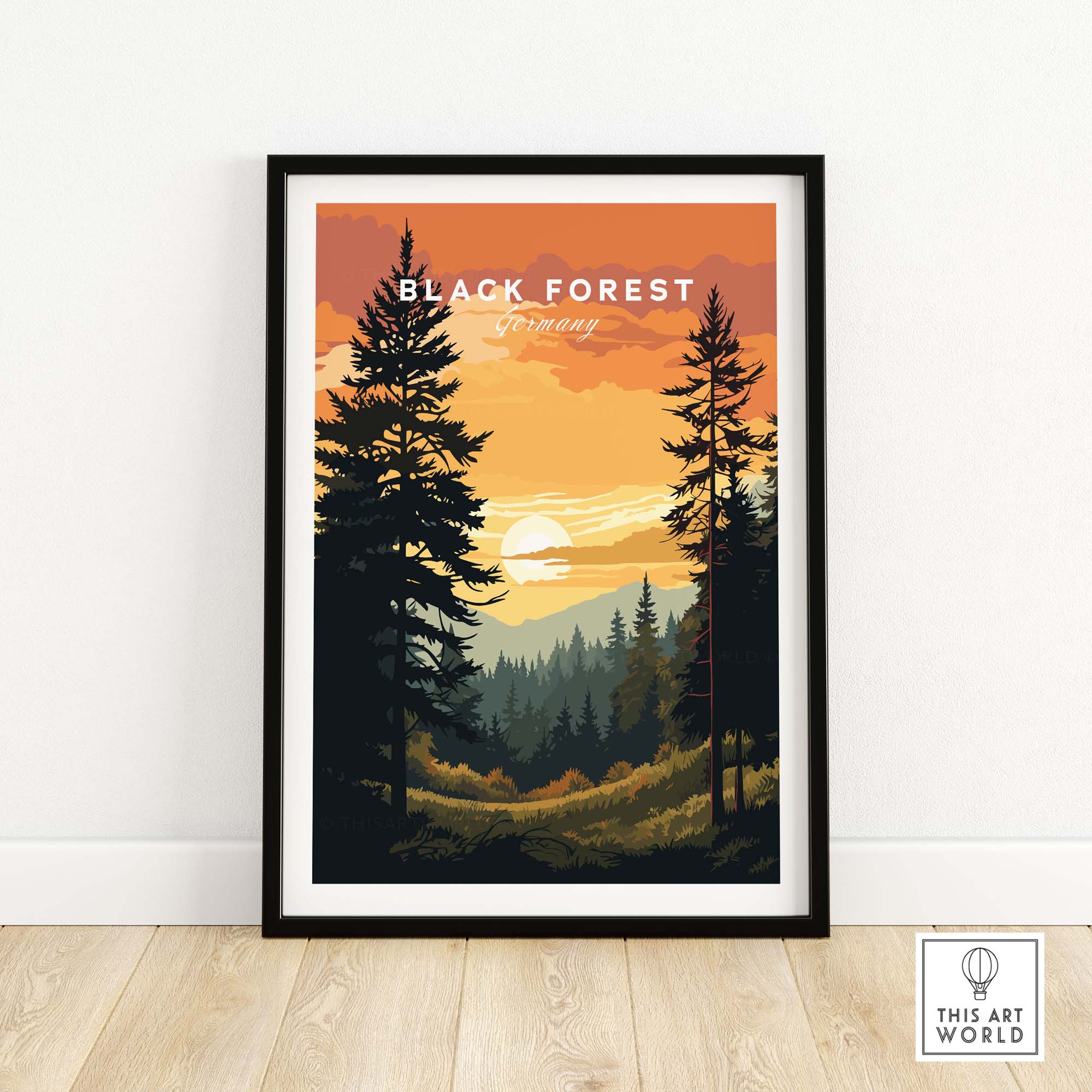 Stunning Black Forest print at sunset featuring German mountains and pine trees, perfect for travel lovers.
