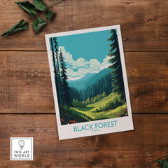 Black Forest wall art print featuring lush greenery and mountains, showcasing a serene landscape from Germany.
