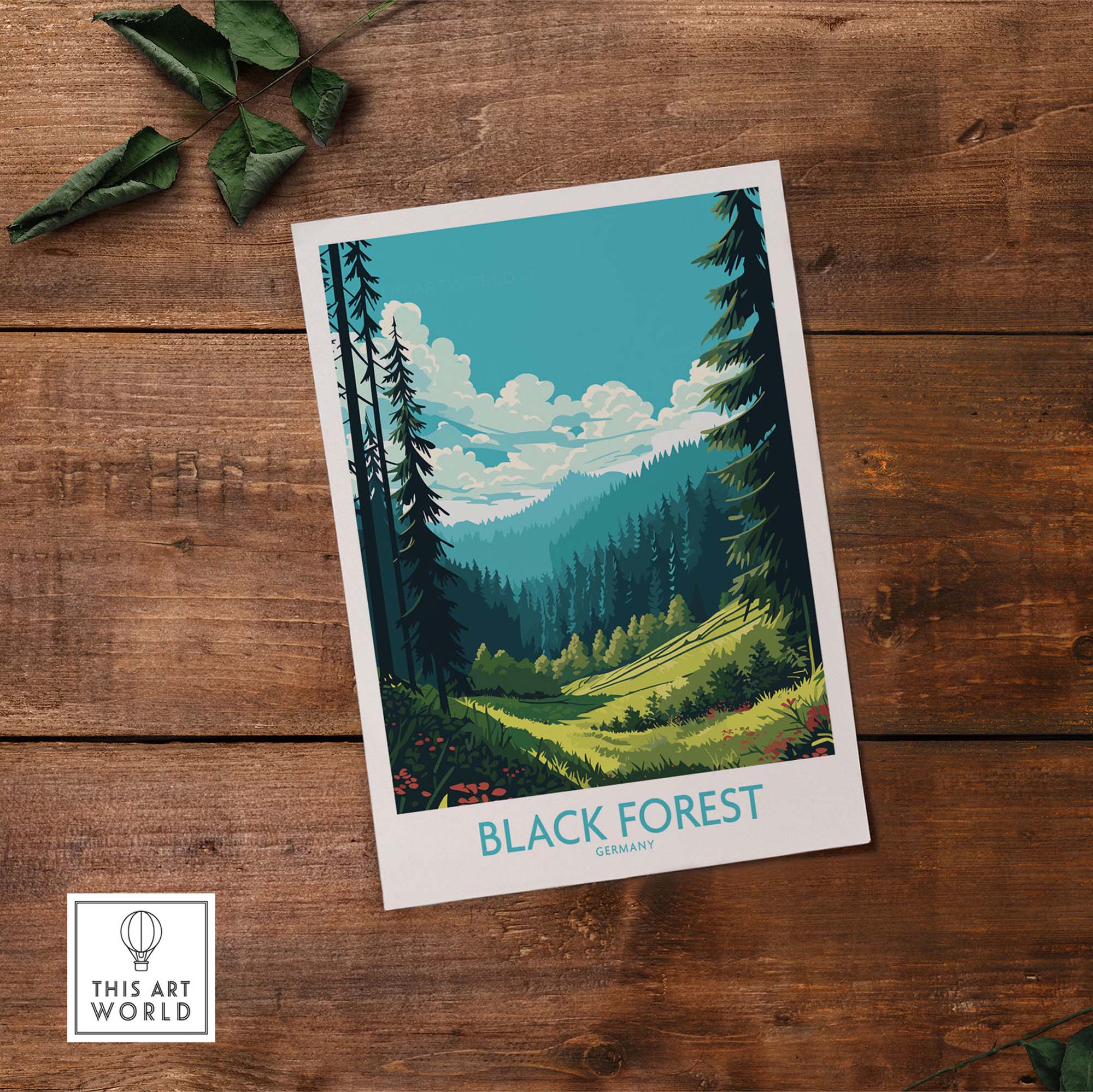 Black Forest wall art print featuring lush greenery and mountains, showcasing a serene landscape from Germany.