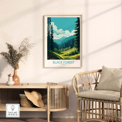 Stylish Black Forest wall art in a modern living room showcasing green mountains and pine trees, perfect for home decor.
