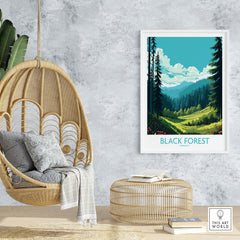 Stylish Black Forest wall art in a cozy lounge with a hanging chair and natural decor, showcasing vibrant German landscapes.