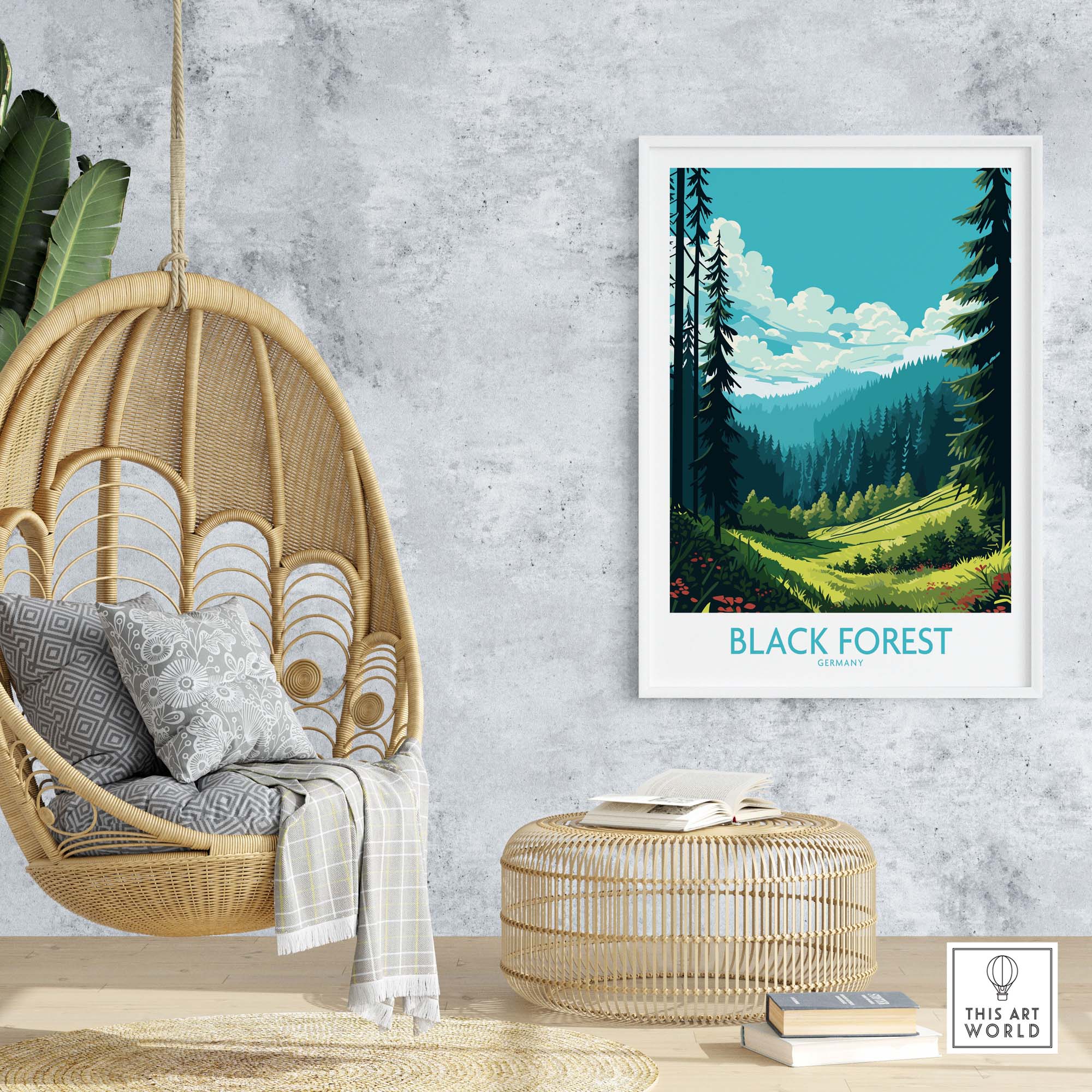 Stylish Black Forest wall art in a cozy lounge with a hanging chair and natural decor, showcasing vibrant German landscapes.