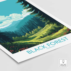 Colorful Black Forest wall art print featuring lush green landscape and vibrant skies, showcasing German nature inspired design.