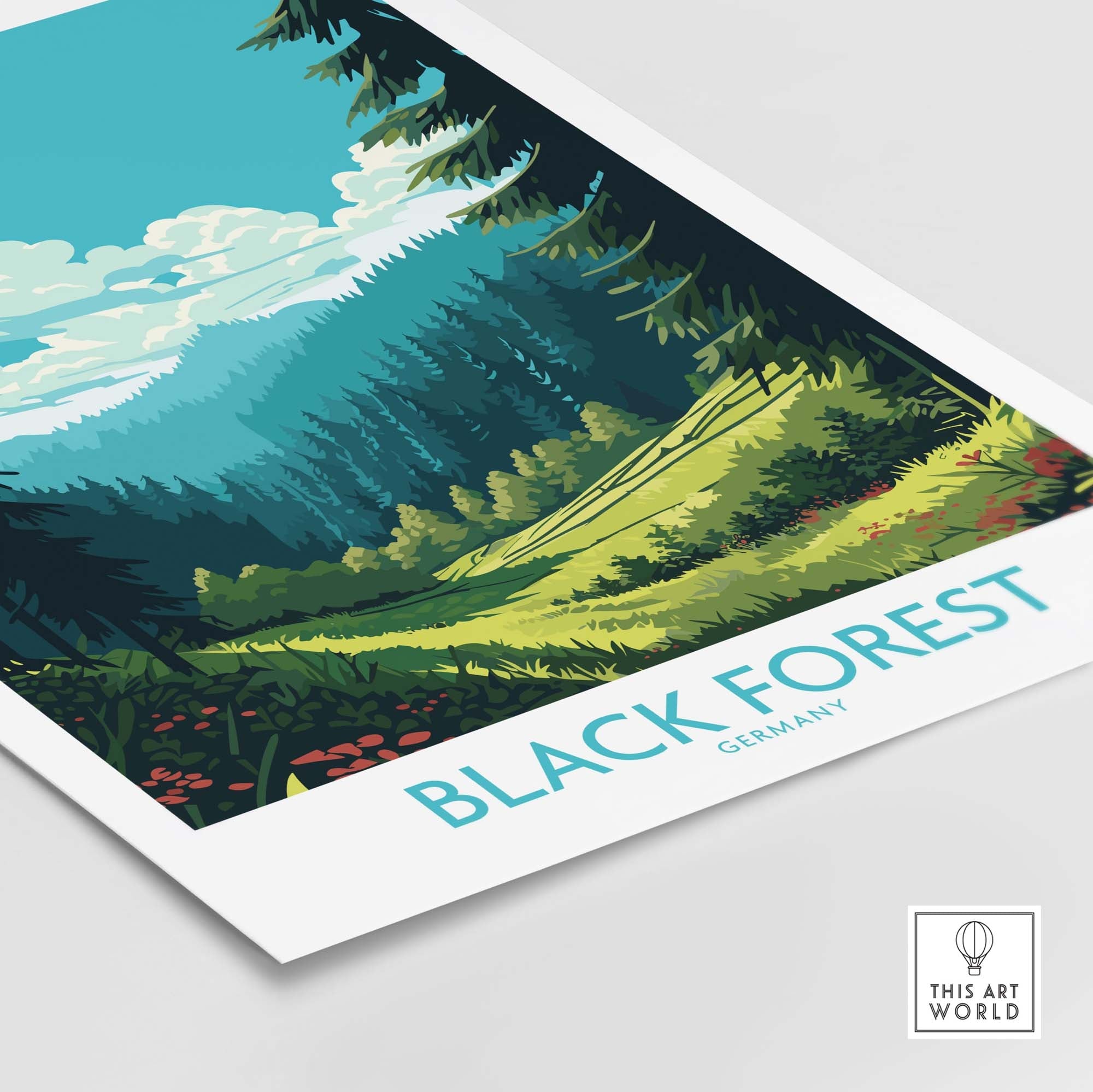 Colorful Black Forest wall art print featuring lush green landscape and vibrant skies, showcasing German nature inspired design.