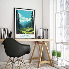 Black Forest Wall Art featuring lush green landscapes and mountains, displayed in a bright contemporary room.