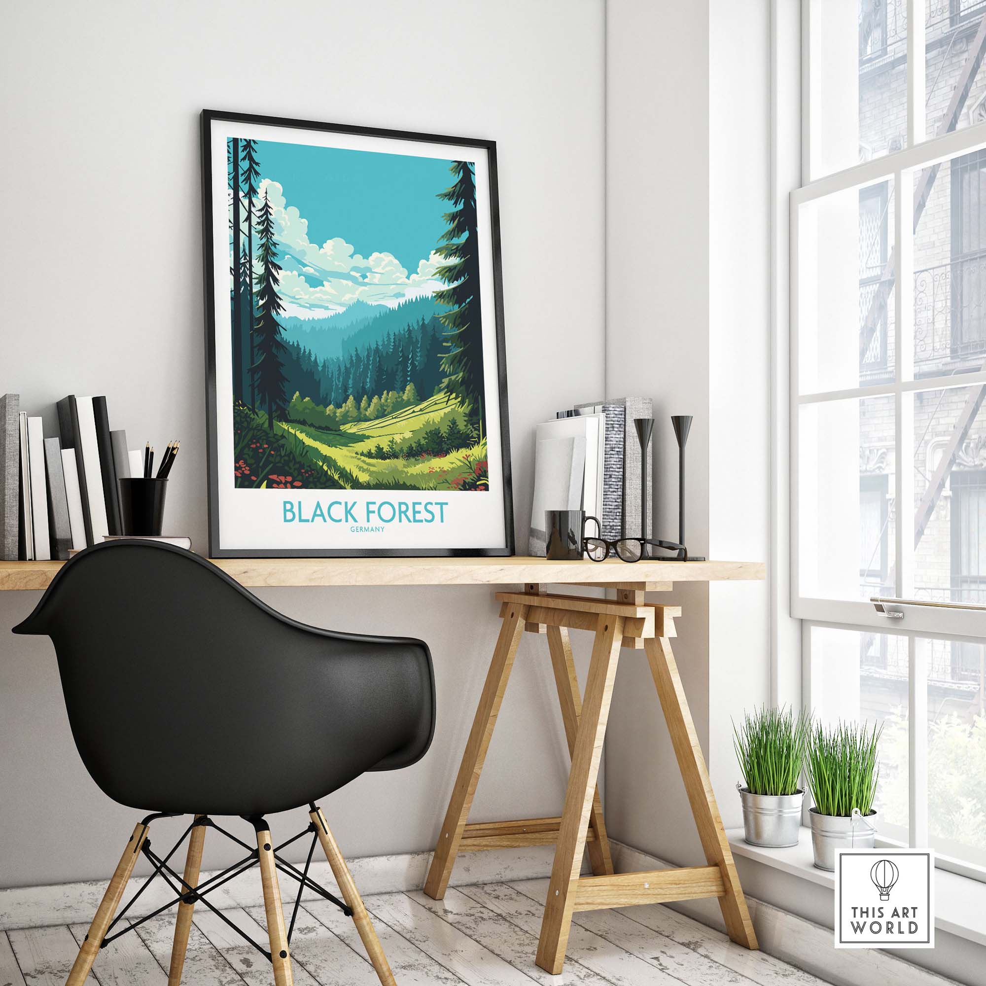 Black Forest Wall Art featuring lush green landscapes and mountains, displayed in a bright contemporary room.