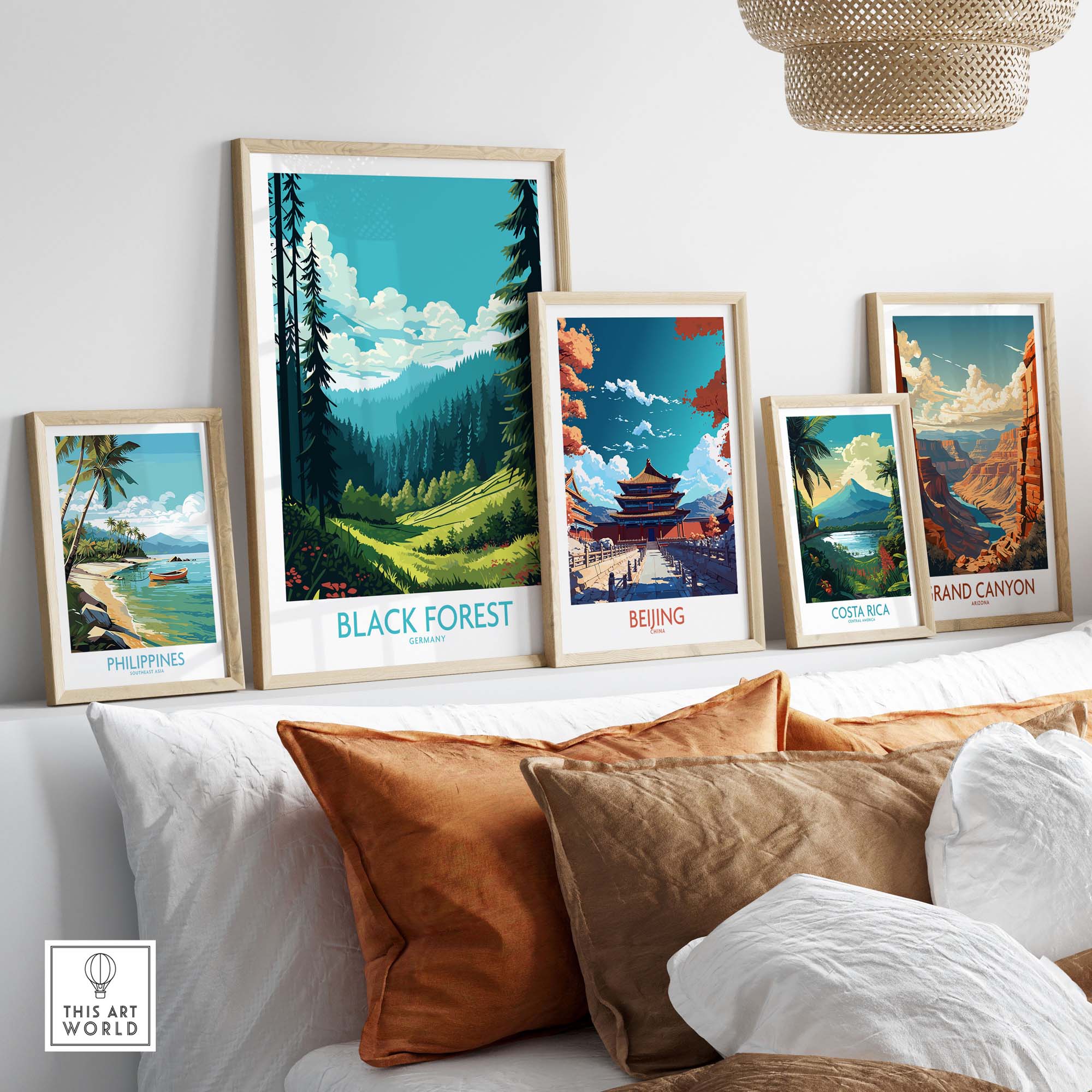 Framed Black Forest wall art surrounded by other travel posters, showcasing stunning landscape scenes in modern decor.
