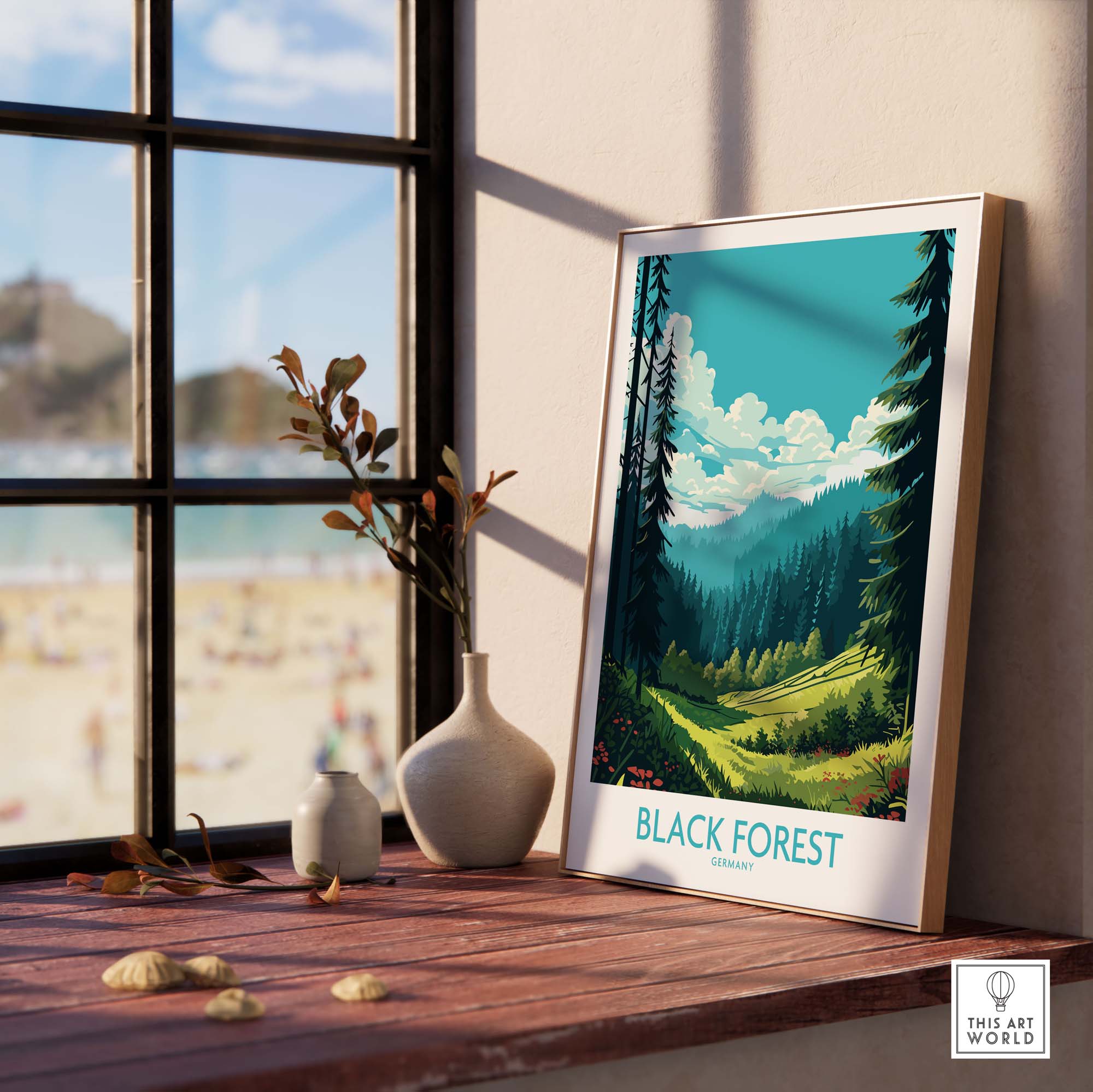 Stunning Black Forest wall art from Germany featuring lush greenery and mountains, perfect for transforming any room.
