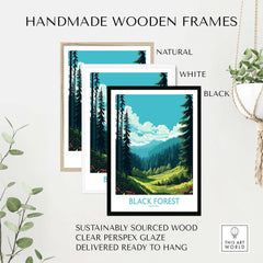 Handmade wooden frames showcasing Black Forest art; sustainably sourced wood with clear Perspex glaze, ready to hang.
