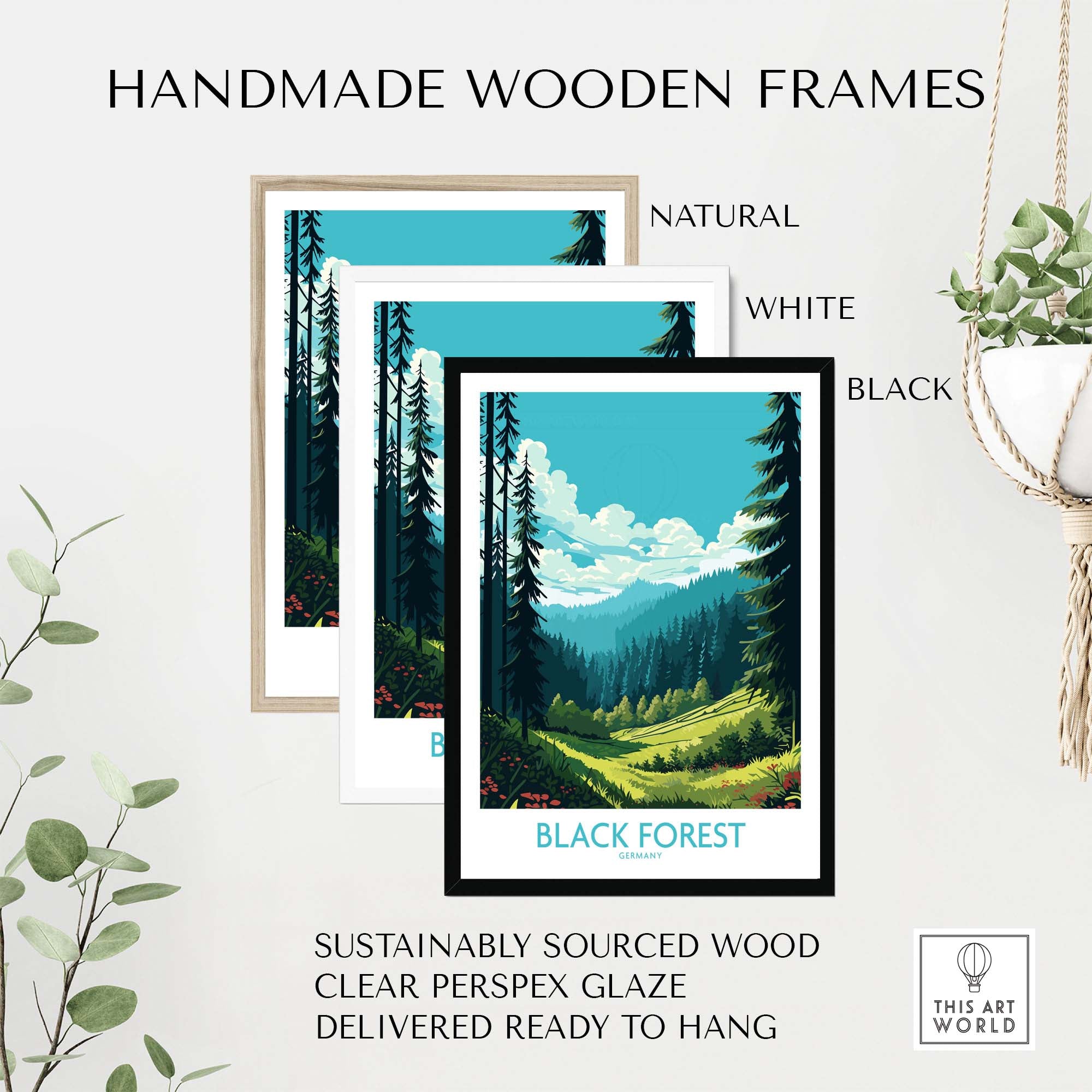 Handmade wooden frames showcasing Black Forest art; sustainably sourced wood with clear Perspex glaze, ready to hang.