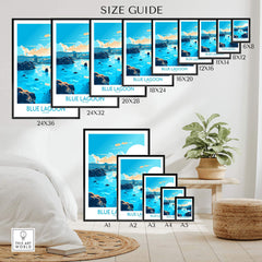 Blue Lagoon Iceland poster size guide displayed in a stylish home setting, featuring various frame sizes for wall art.