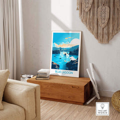 Modern Blue Lagoon Iceland poster in a cozy living room, showcasing vibrant blue waters and scenic design.