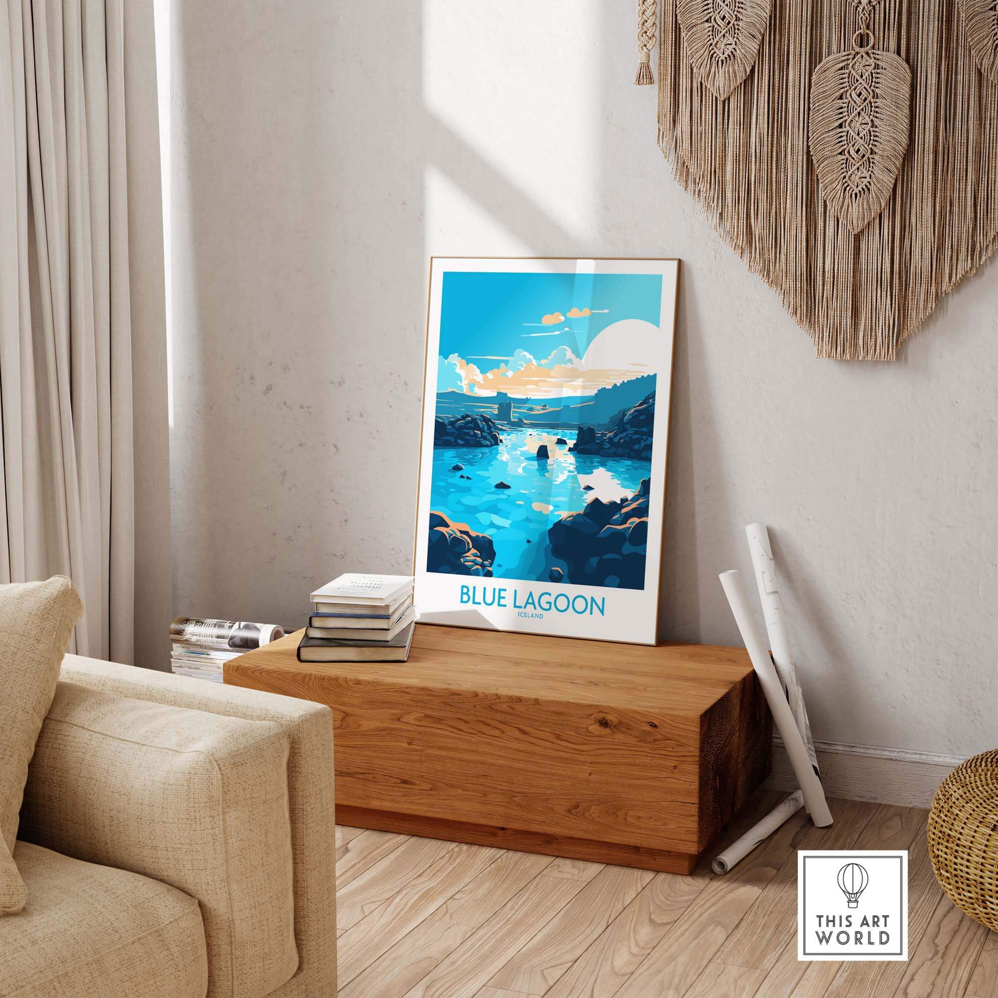 Modern Blue Lagoon Iceland poster in a cozy living room, showcasing vibrant blue waters and scenic design.